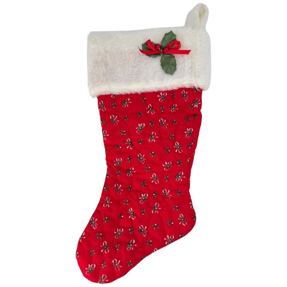 Christmas Stocking Hanging Red Bow Green Holly Pattern 16"x8"
